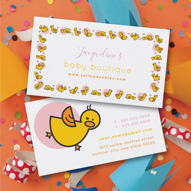 Playful Yellow Baby Duckies Ducklings & Pink Dots Business Card (Creator Uploaded)