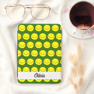 Playful Yellow Happy Face Pattern with Custom Name Kindle Cover