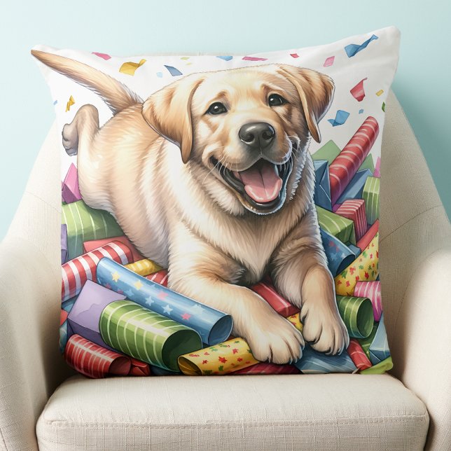 Playful Yellow Lab Puppy Holiday Labrador Dog  Throw Pillow (Creator Uploaded)