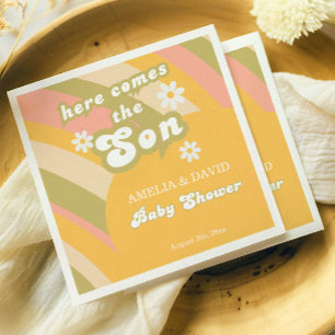 Playful Yellow Retro Boy Shower Daisy Party Napkins