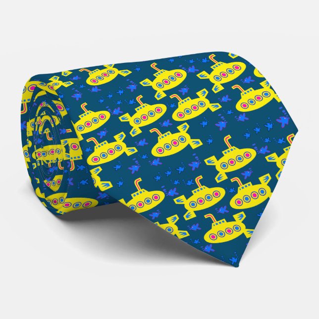 Playful Yellow Submarines Deep Sea Blue Neck Tie (Rolled)