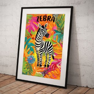 Playful Zebra in Tropical Paradise Vibrant Art