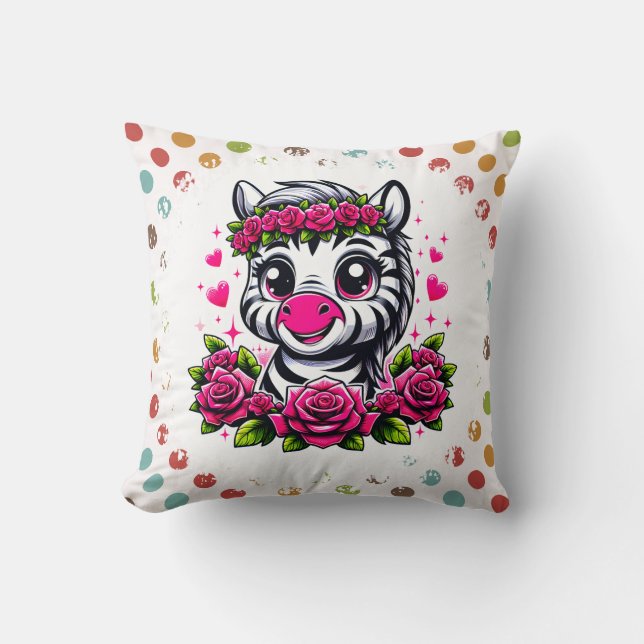 Playful Zebra with Pink Rose Crown Throw Pillow (Front)