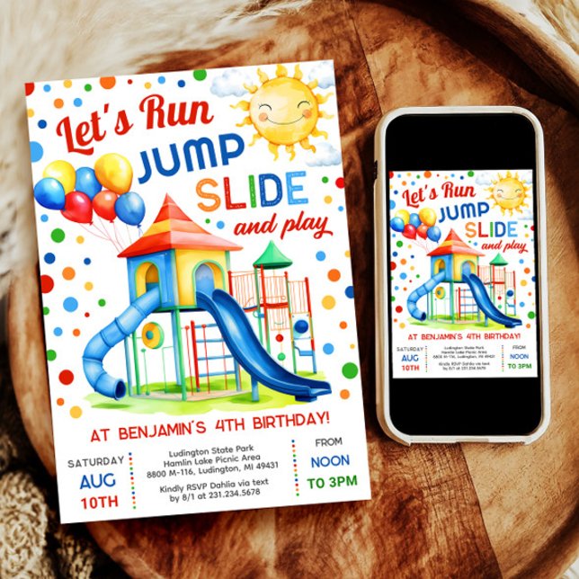 Playground Birthday - Run Jump Slide Play Invitation (Celebrate with our digital Park Slide invitation—perfect for a boy's outdoor playground birthday.)