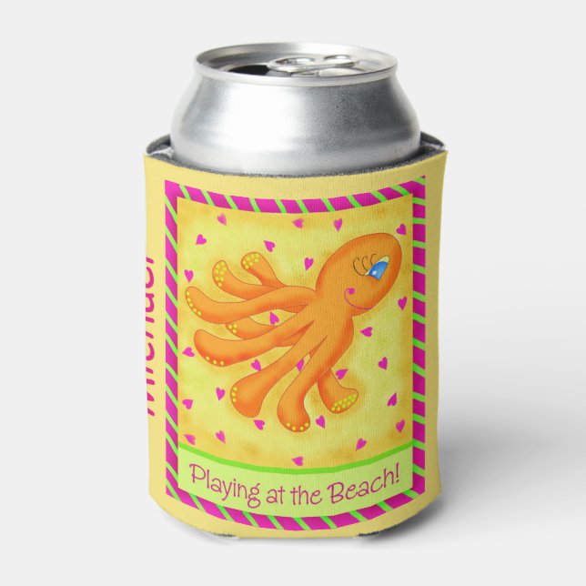 Playing Beach Octopus Yellow Name Personalized Can Cooler (Can Front)