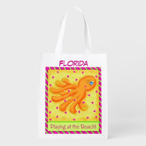 Playing Beach Octopus Yellow Name Personalized Reusable Grocery Bag