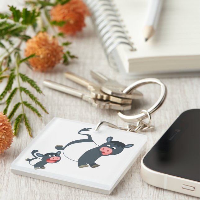 Playing Belted Galloway Cow & Calf Acrylic Keyring (Front Right)