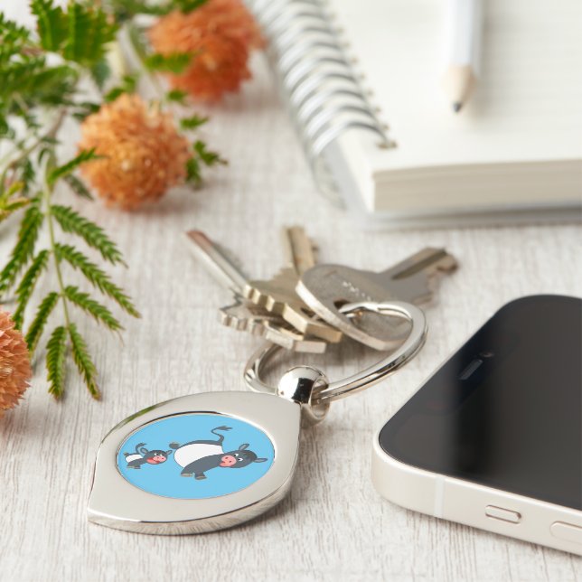 Playing Belted Galloway Cow & Calf Metal Keychain (Side)