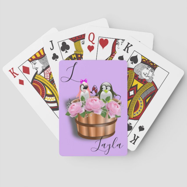 Playing Card Deck Penguin Purple Wine Pink Roses (Back)