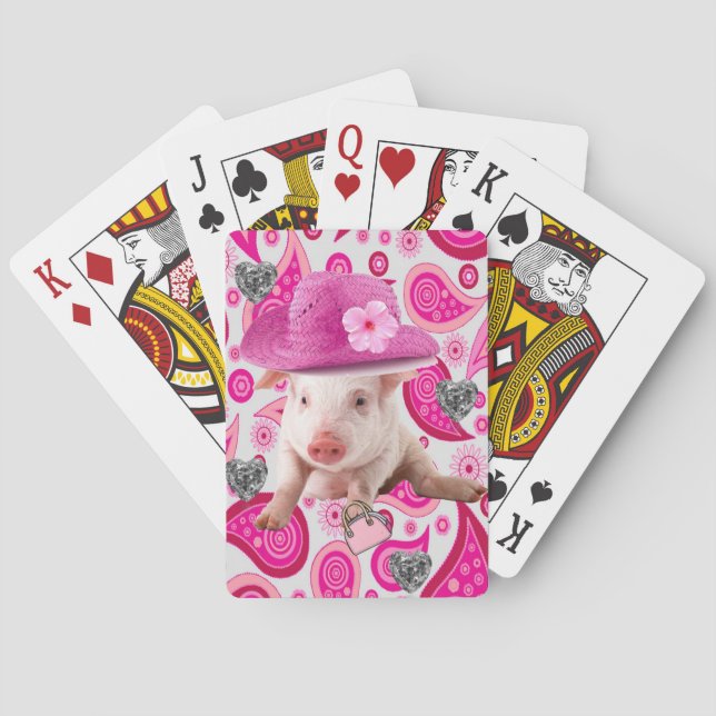 Playing Card Deck Pink Pig Paisley Silver Hearts (Back)