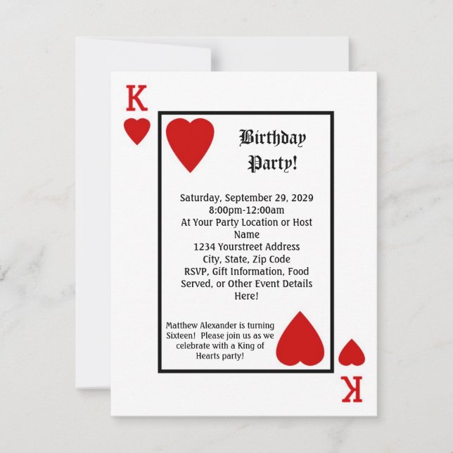 Playing Card King Hearts Birthday Party Invitation (Front)