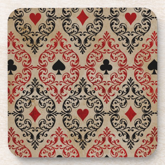 Playing Card Suits and Scroll on Tan Beverage Coaster (Front)