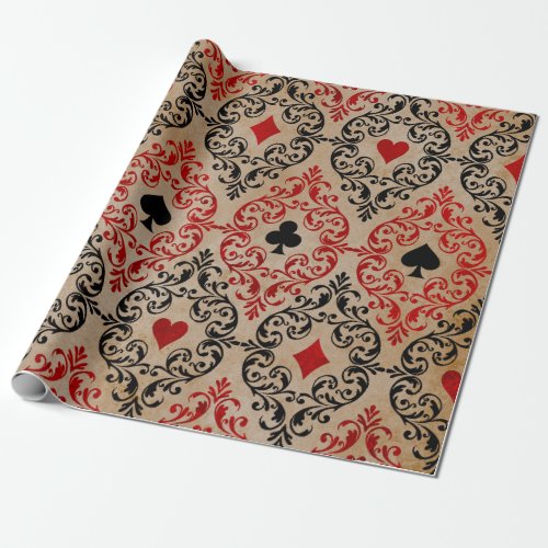 Playing Card Suits and Scroll on Tan Wrapping Paper