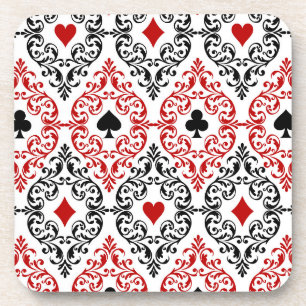 Playing Card Suits and Scroll on White Beverage Coaster
