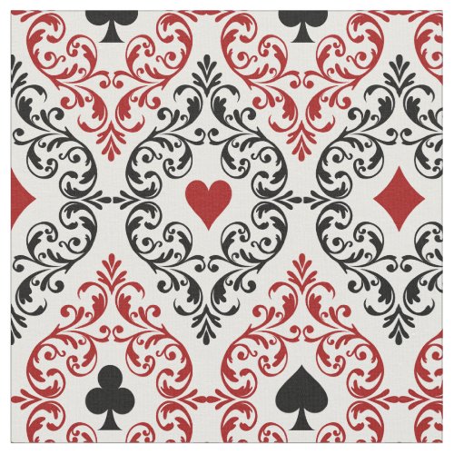 Playing Card Suits and Scroll on White Fabric