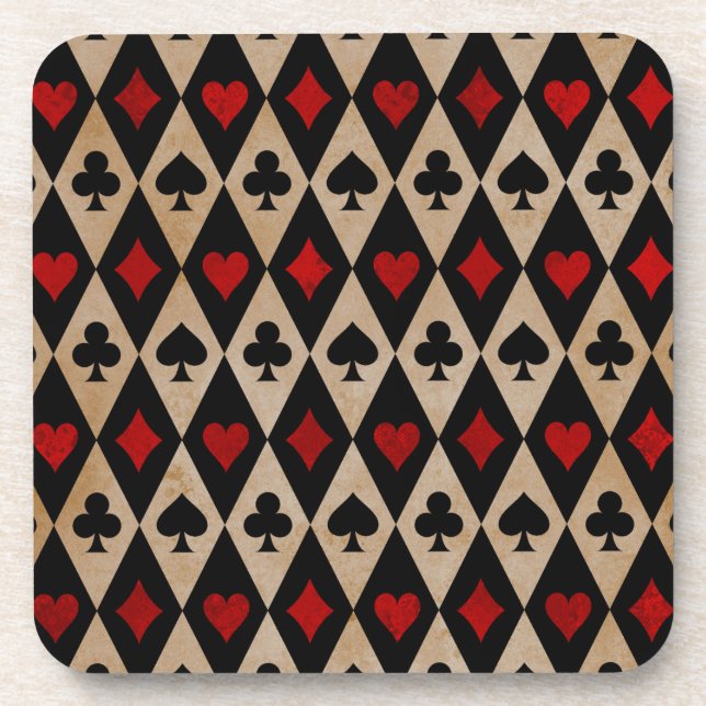 Playing Card Suits on Black and Tan Beverage Coaster (Front)