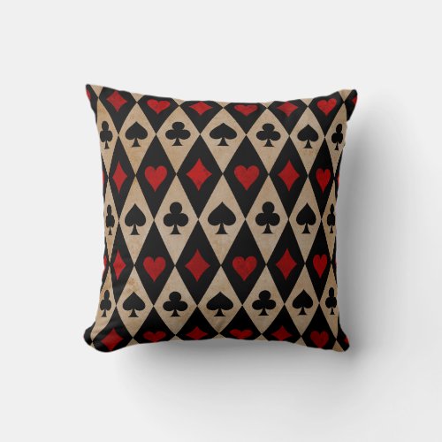 Playing Card Suits on Black and Tan Throw Pillow