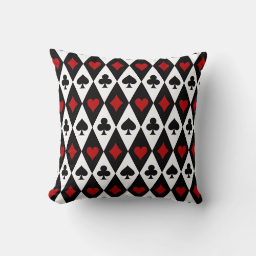 Playing Card Suits on Black and White Throw Pillow