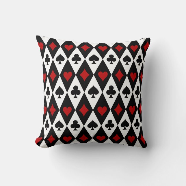 Playing Card Suits on Black and White Throw Pillow (Front)