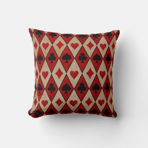Playing Card Suits on Red and Tan Throw Pillow