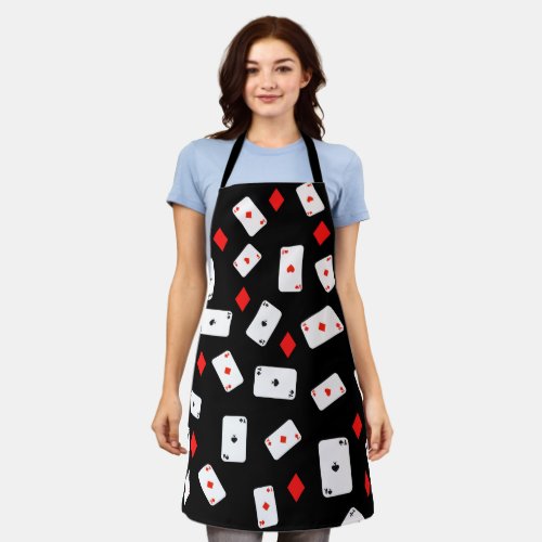 Playing Cards Aces and Red Diamonds Pattern Black Apron