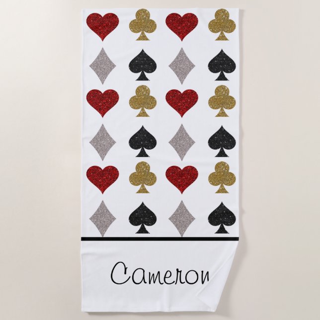 Playing Cards Casino Pattern Custom Name Beach Towel (Front)
