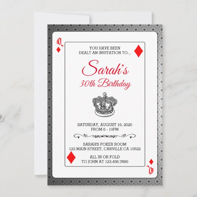 Playing Cards Queen of Diamonds Birthday Invite (Front)