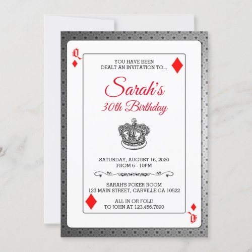 Playing Cards Queen of Diamonds Birthday Invite