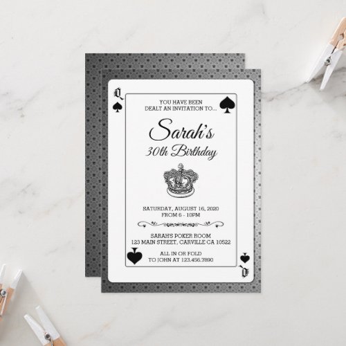 Playing Cards Queen of Spades Birthday Invitation
