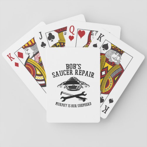 playing cards with black Bobs Saucer Repair logo