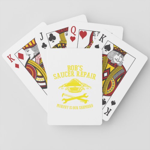 playing cards with yellow Bobs Saucer Repair logo