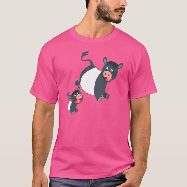 Playing Cartoon Belted Galloway Cow & Calf T-Shirt (Front)