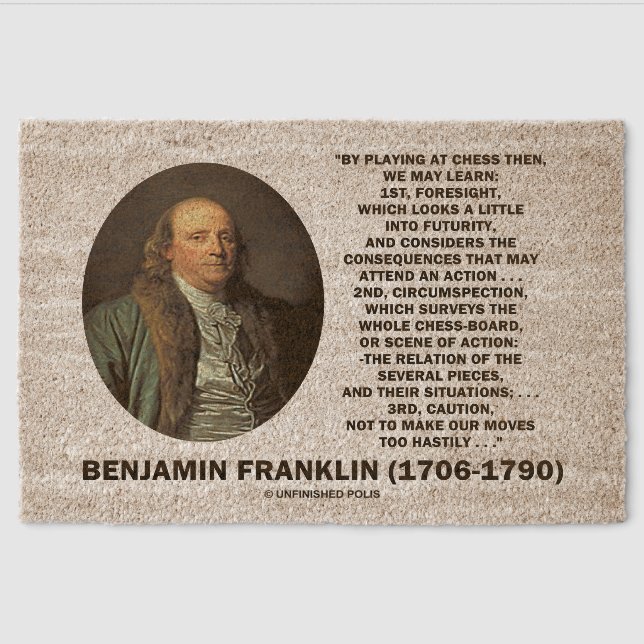 Playing Chess Caution Benjamin Franklin Quote Fiber Doormat (Front)