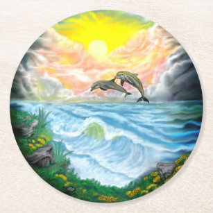Playing Dolphins in the Sunshine Round Paper Coaster