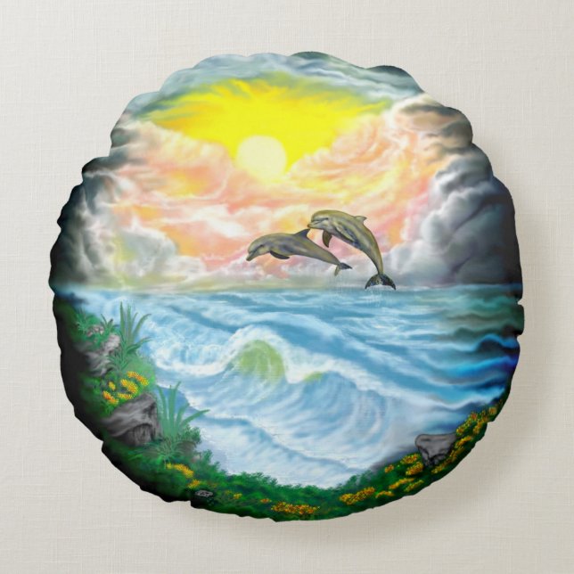 Playing Dolphins in the Sunshine Round Pillow (Front)