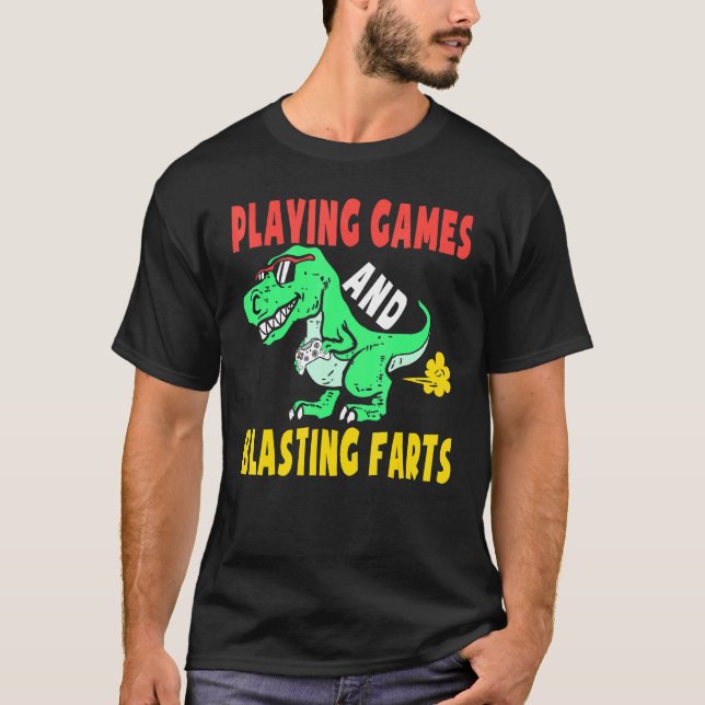 Playing Games And Blasting Farts T rex Gamer Boy K T-Shirt (Front)