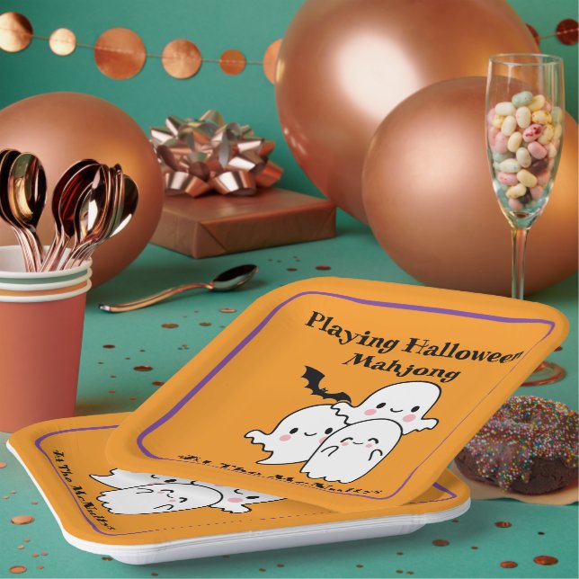 Playing Halloween Mahjong Personalize NAME Paper Plates (Multi)