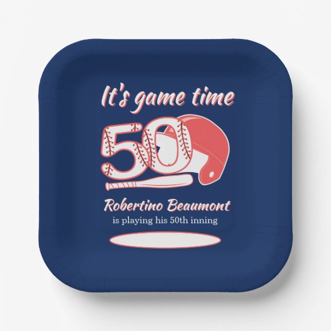 Playing His 50th Inning Baseball Birthday Party Paper Plates (Front)