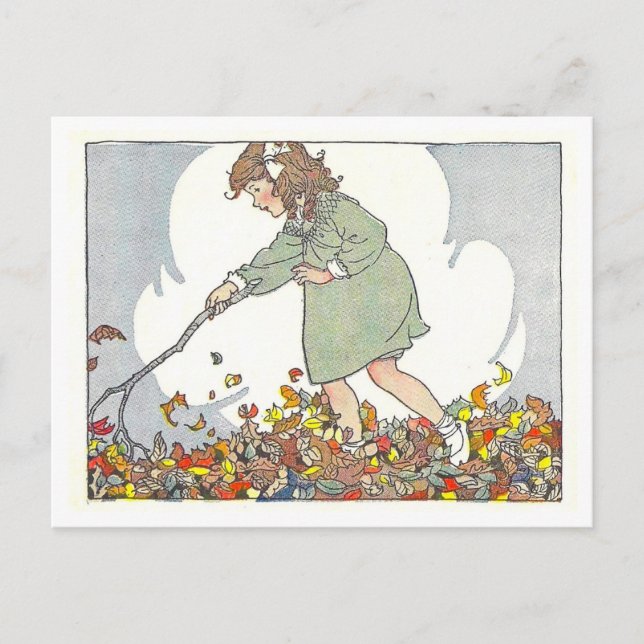 "Playing in the Leaves" Fall/Autumn Illustration Postcard (Front)