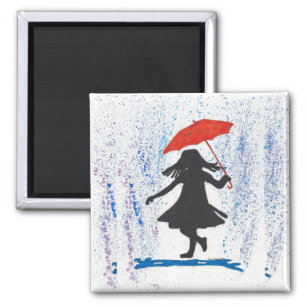 Playing in the Rain Watercolor Painting of Girl Magnet