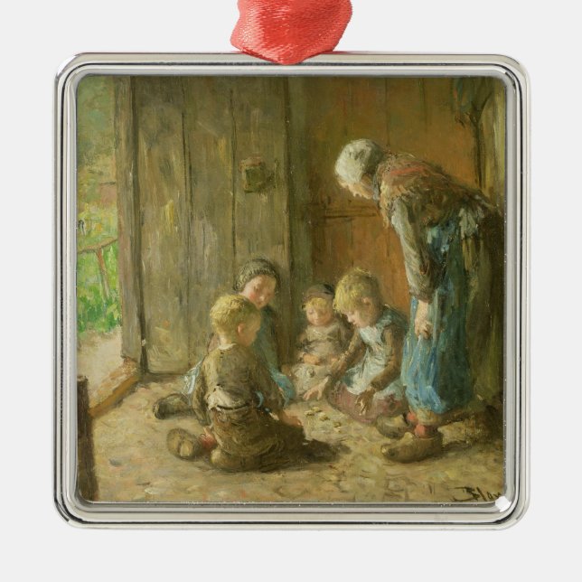 Playing Jacks on the Doorstep Metal Ornament (Front)