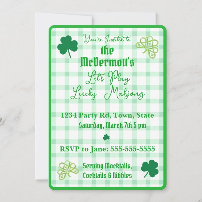 Playing Lucky Mahjong Watercolor Shamrocks  Invitation (Front)