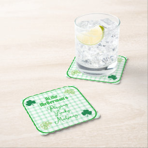 Playing Lucky Mahjong Watercolor Shamrocks Paper Coaster
