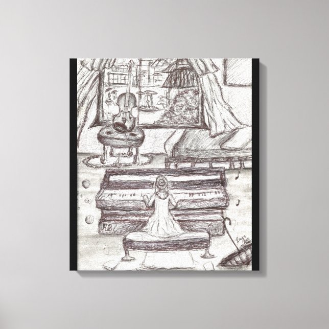 Playing Piano on a rainy day Pen Drawing Canvas Print (Front)