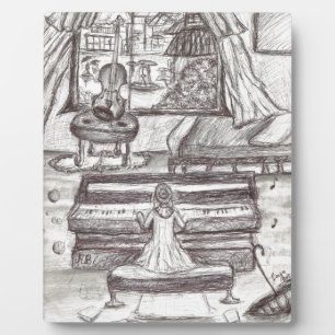 Playing piano on a rainy day plaque