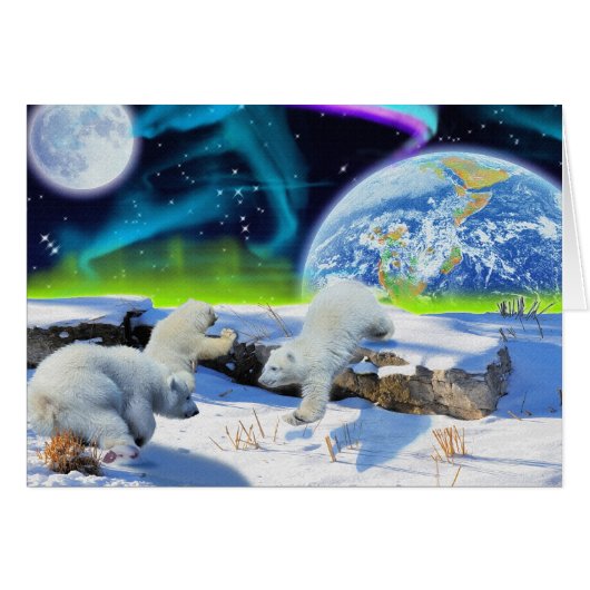Playing Polar Bear Cubs & Aurora Art Card (Front Horizontal)
