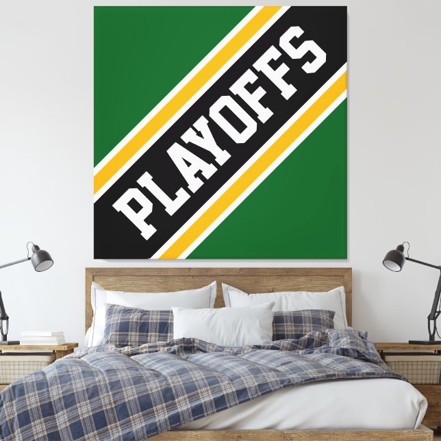 PLAYOFFS Fun Athletic Green Black Orange Stripes Canvas Print (Insitu(Bedroom))