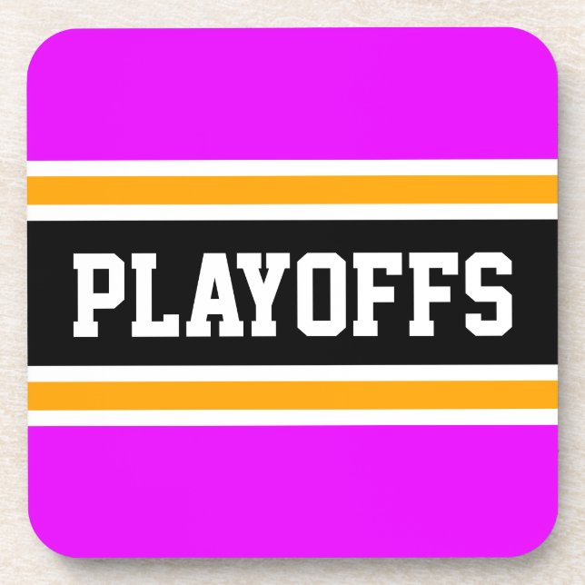 PLAYOFFS Fun Bold Bright Pink Orange Black Stripes Beverage Coaster (Front)