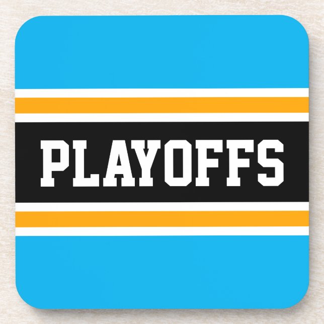 PLAYOFFS Fun Bold Sky Blue Orange Black Stripes Beverage Coaster (Front)