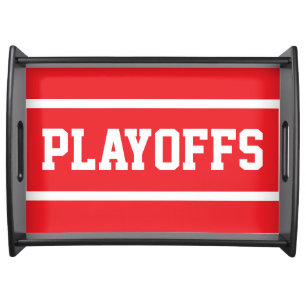 PLAYOFFS White Sporty Text Stripes On Bright Red Serving Tray
